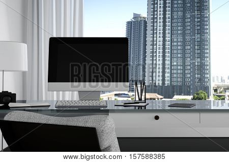 3D Rendering : Illustration Close Up Of Creative Designer Office Desktop With Blank Computer,keyboar