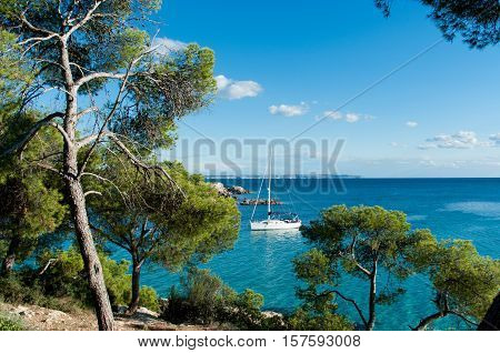 Beautiful seascape with white yacht in Majorca