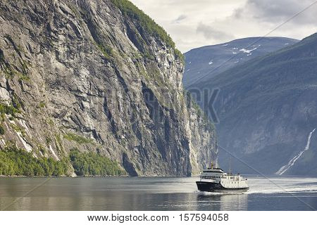 Norwegian fjord landscape. Hellesylt Geiranger cruise travel. Tourism