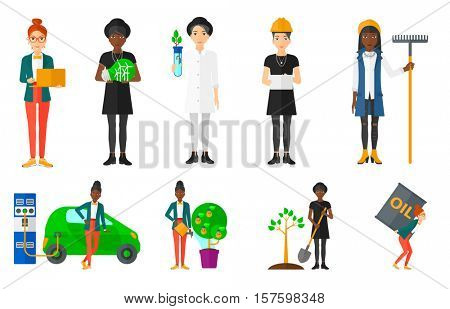 Woman plants a tree. Woman standing with shovel near newly planted tree. Young woman watring tree with light bulbs instead leaves. Set of vector flat design illustrations isolated on white background.