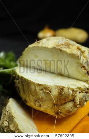 Celery root - celeriac source of vitamine fresh healthy vegetable wedge