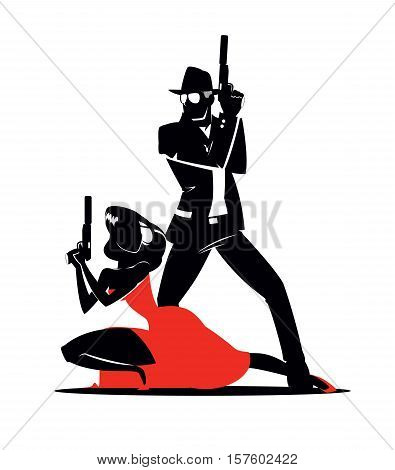 Team Of Secret Agents. Posing On Camera. Sexual Woman In Red Dress.