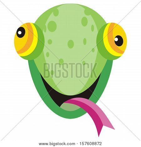 Lizard cartoon sticker. Widespread squamate reptile happy face. Funny sticker icon for children. Wildlife educational concept. Mask for masquerade, holiday, festival, halloween. Vector illustration