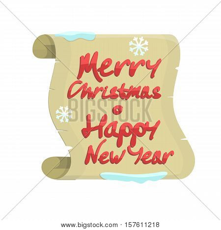 Merry Christmas and Happy New Year colorful banner isolated on white background with snow and snowflakes on a pergament sheet of paper. Xmas greeting card, winter season holiday celebration. Vector