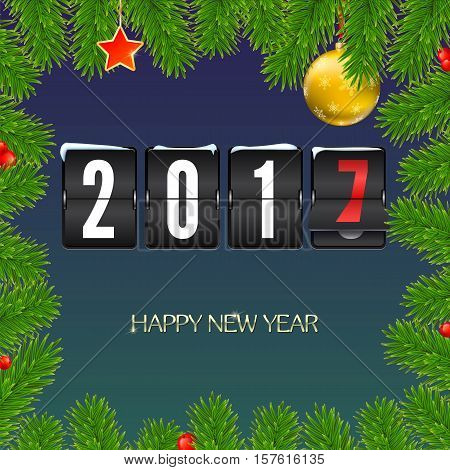 Christmas card with coming 2017 year. Golden Christmas balls, red star with green fir branches and scoreboard, inscription Happy New Year. Vector illustration, template for greeting cards