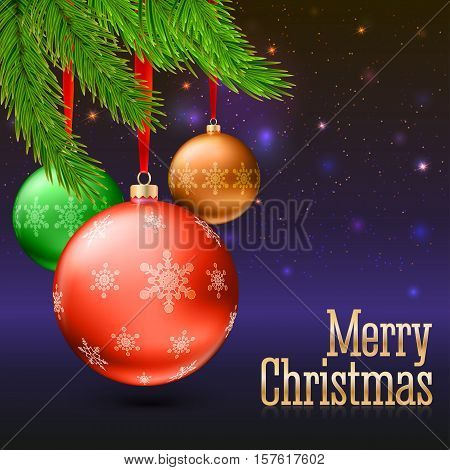 Christmas balls with green fir branches on the background with flash and Christmas lights. Realistic vector bright balls with snowflakes. Greeting card with place for text, editable eps 10