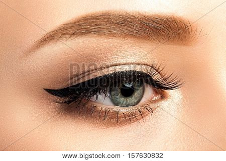 Close Up View Of Gray Woman Eye With Beautiful Makeup