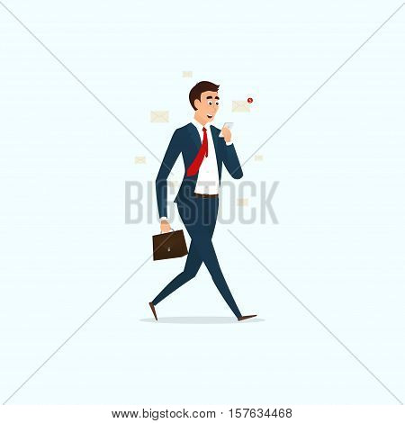 Successful businessman reading letters. Man with a briefcase goes and looking into the phone. Vector illustration.