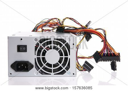 PSU power supply unit for computer on white background with reflection