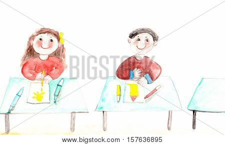 two children at school on little desk