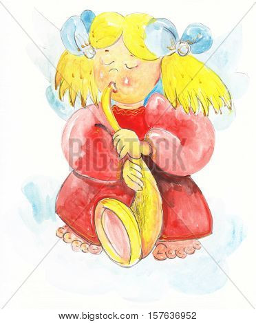 watercolor red trumpet angel smile and happy