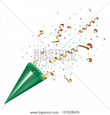 Exploding party popper with confetti and streamer on white background. Isolated
