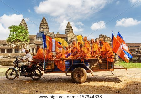 Buddhist Monks In Ancient Temple Angkor Wat, Siem Reap, Cambodia