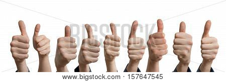 Panoramatic Photo Of Many Thumbs Up. Isolated On White Backgroun