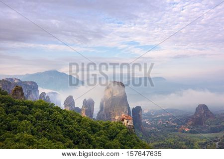 Meteora Landscape And Monastery Roussanov, Meteora, Greece