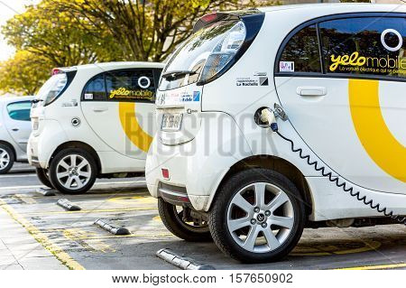 La rochelle France - April 19 2016: Free recharging Station of Yelow Mobile Electric Car
