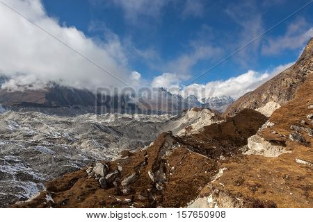 Ngozumpa Glacier In Sagarmatha National Park, Himalayas, Nepal. Beautiful Himalayan Glacier Landscap