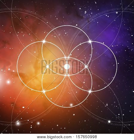 Flower of life - the interlocking circles ancient symbol on outer space background. Sacred geometry. The formula of nature on blurry photorealistic background.