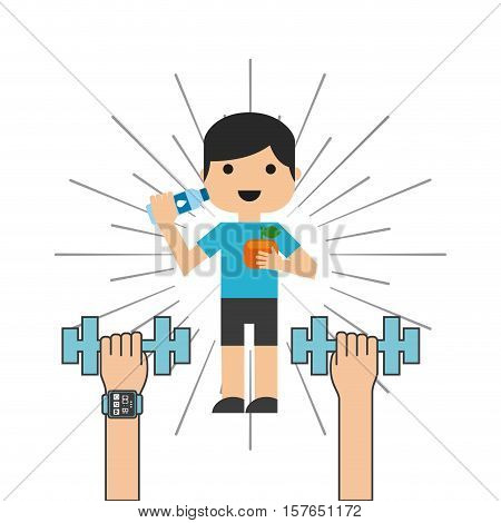 hands holding a dumbbells and cute boy wearing sport clothes and holding apple and water bottle ove white background. vector illustration