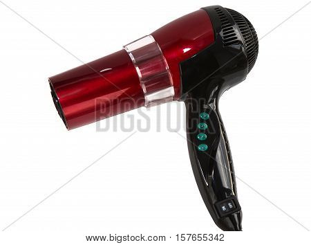 Fashion red hair dryer isolated on white. Red hairdryer