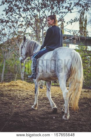 Young beautiful brunette girl rides a horse bareback with hackamore. Warm and sunny autumn day. Portrait of a pretty young woman on the horse, wearing tall boots and gloves.