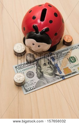 A ladybug piggy bank surrounded by coins and hundred dollar bill