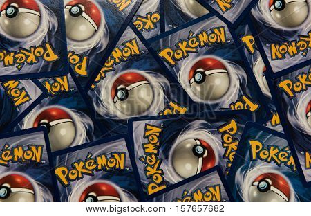 New York City, NY, USA - July 12, 2016: Pokemon trading cards background. Illustrative Editorial