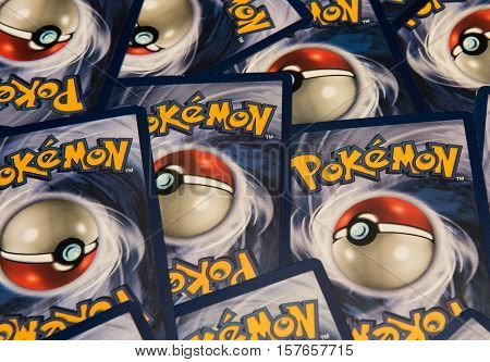 New York City, NY, USA - July 12, 2016: Pokemon trading cards background. Illustrative Editorial