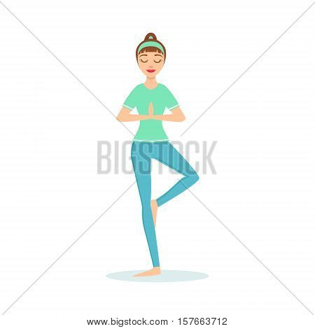 Warrior Virabhadrasana Yoga Pose Demonstrated By The Girl Cartoon Yogi With Ponytail In Blue Sportive Clothing Vector Illustration. Part Of Collection Of Yoga Asana Postures Drawing With Young Woman In Training Outfit