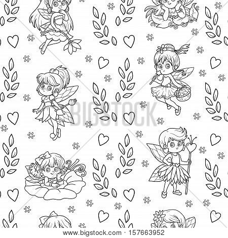 Vector black and white seamless pattern with little fairies on white background