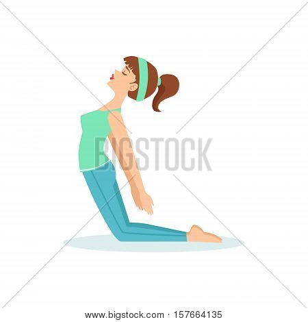 Camel Ustrasana Yoga Pose Demonstrated By The Girl Cartoon Yogi With Ponytail In Blue Sportive Clothing Vector Illustration. Part Of Collection Of Yoga Asana Postures Drawing With Young Woman In Training Outfit