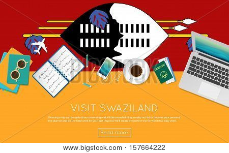 Visit Swaziland Concept For Your Web Banner Or Print Materials. Top View Of A Laptop, Sunglasses And