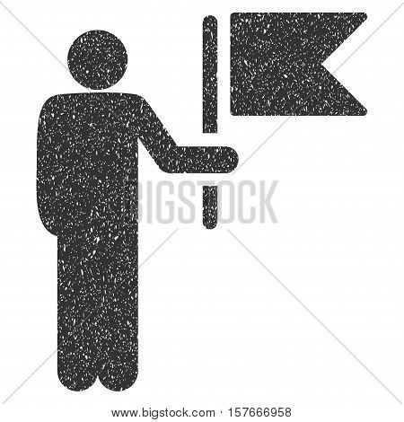 Commander With Flag grainy textured gray icon for overlay watermark stamps. Flat symbol with dirty texture. Dotted vector ink rubber seal stamp with grunge design on a white background.