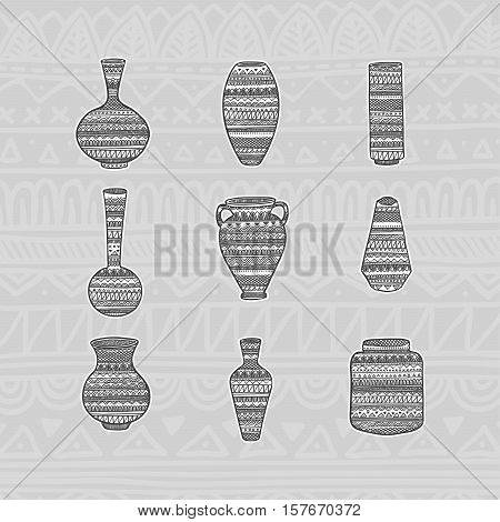 Set vases with ethnic pattern. Hand drawing. Vector illustration EPS10.