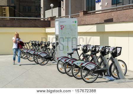 Moscow, Russia - June 02.2016. The bike rental on Sretensky Boulevard