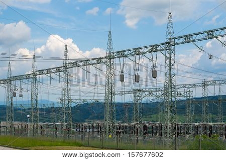 Power transformer in sub station. Electricity distribution.