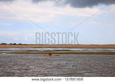 EL PUNTAL SOMO SPAIN - AUGUST 20: Kayaker rowing in the Cantabrian sea on August 20 2016