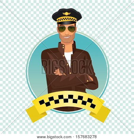 Isolate round icon on white background with unshaved taxi driver standing and smiling dressed in brown jacket brown leather gloves glasses and hat