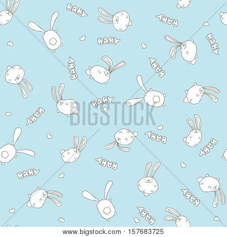 Seamless Blue Pattern With Cute Rabbits