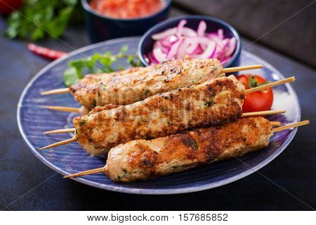 Minced Lula Kebab Grilled Turkey (chicken) On Plate.