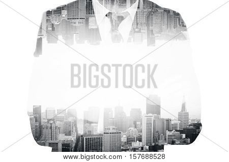 Businessperson in suit on abstract city background. Double exposure