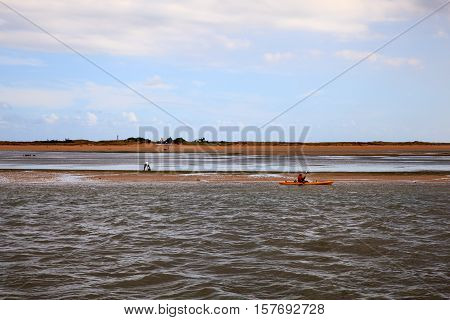 EL PUNTAL SOMO SPAIN - AUGUST 20: Kayaker rowing in the Cantabrian sea on August 20 2016