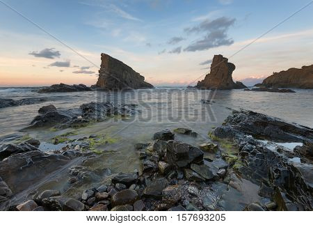 Magnificent sunset over the rock phenomenon The Ships, the village of Sinemorets, Bulgaria