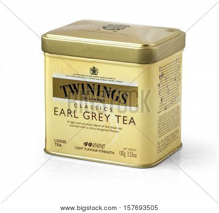 Warsaw Poland - November 04 2016: Image of Twinings tea bag isolated on white Twinings was founded in 1706 in London.