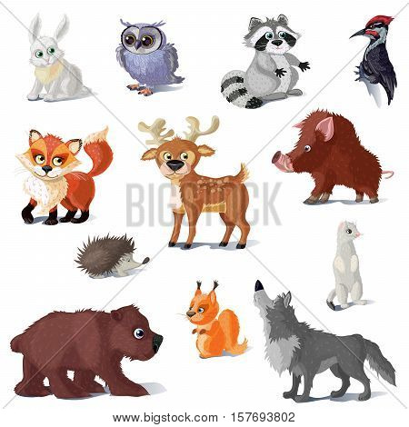 Cartoon forest animals set with deer fox and bear wolf hare and woodpecker isolated vector illustration