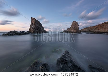 Magnificent sunset over the rock phenomenon The Ships, the village of Sinemorets, Bulgaria