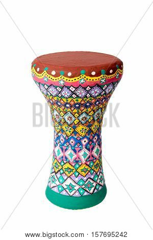 Colorful painted goblet drum (chalice drum, darabuka, doumbek, dumbelek, tablah), single head goblet shaped percussion instrument used in Middle East, North Africa and Eastern Europe isolated on white