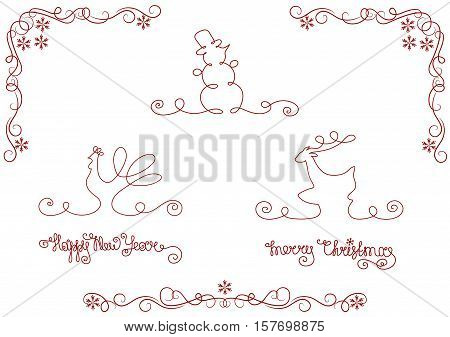 vector set of silhouette christmas and new year symbols Deer snowman rooster. lettering Marry Christmas and Happy New Year