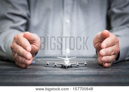 travel insurance aircraft airplane protection plane safe protect concept - stock image