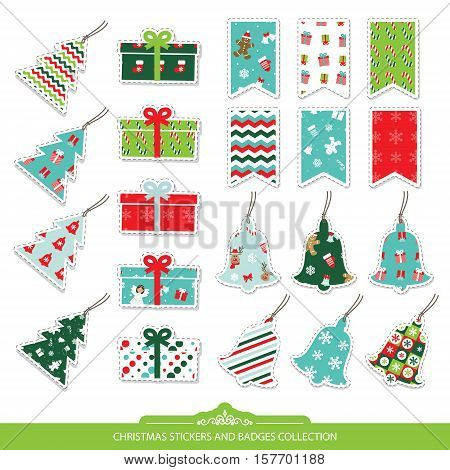 Christmas stickers and labels set isolated on white. Different festive patterns are full under clipping mack. Bunting flags present boxes bells christmas trees.